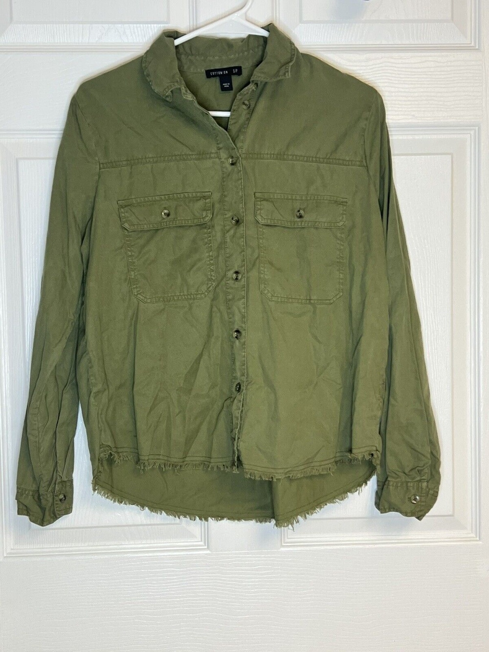 Women's Cotton:On Lyocell Army Green Long Sleeve Shirt Raw Hem Pre-owned FLAW